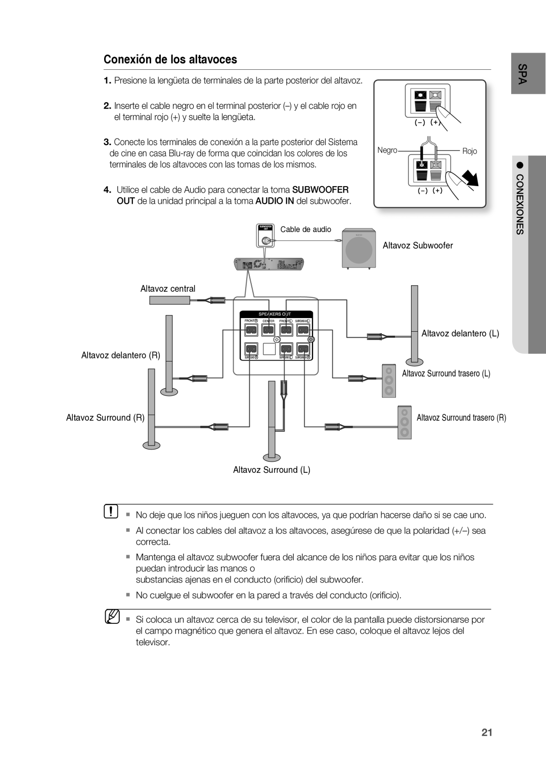 Samsung HT-BD2R/XET manual El terminal rojo + y suelte la lengüeta, Terminales de los altavoces con las tomas de los mismos 