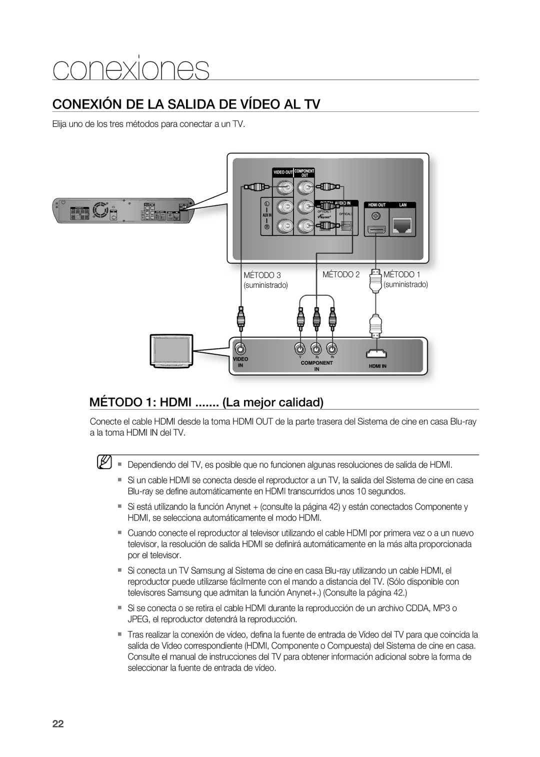 Samsung HT-BD2R/XEO, HT-BD2R/XET manual Conexión DE LA Salida DE Vídeo AL TV, La mejor calidad 