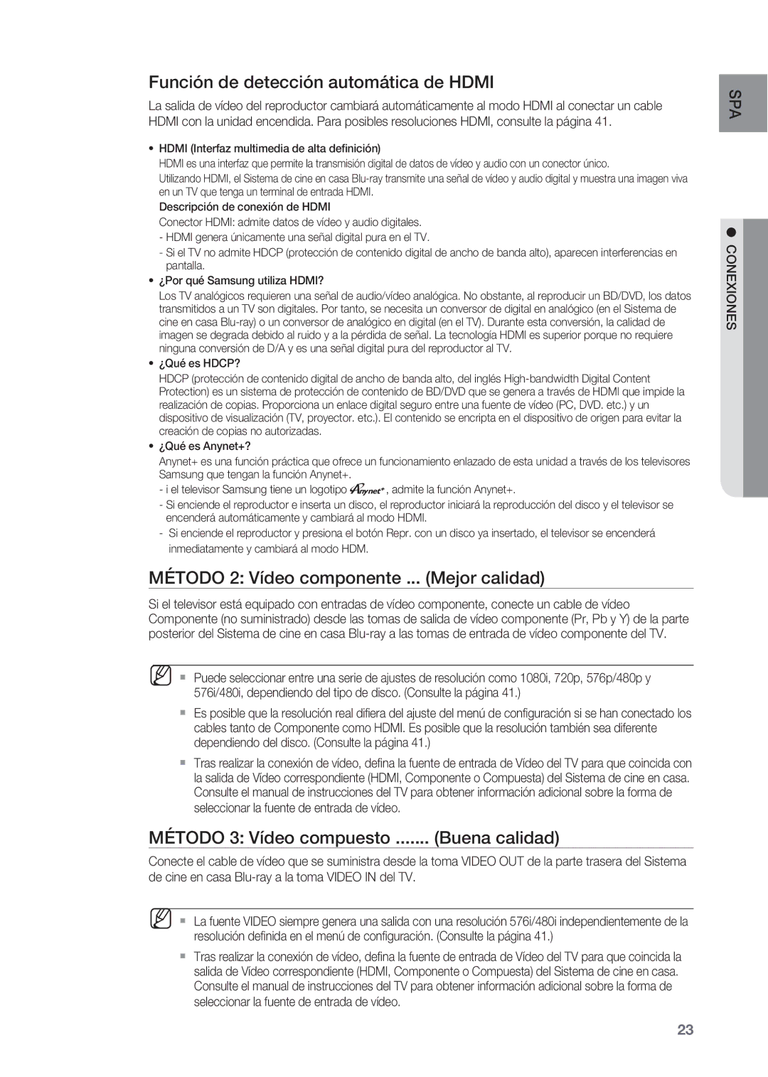 Samsung HT-BD2R/XET, HT-BD2R/XEO manual Función de detección automática de Hdmi, Método 2 Vídeo componente ... Mejor calidad 