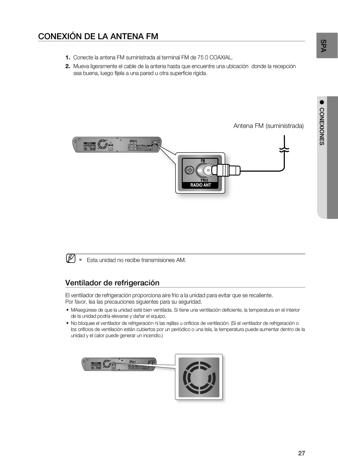 Samsung HT-BD2R/XET, HT-BD2R/XEO manual Conexión de la antena FM, Ventilador de refrigeración, Antena FM suministrada 