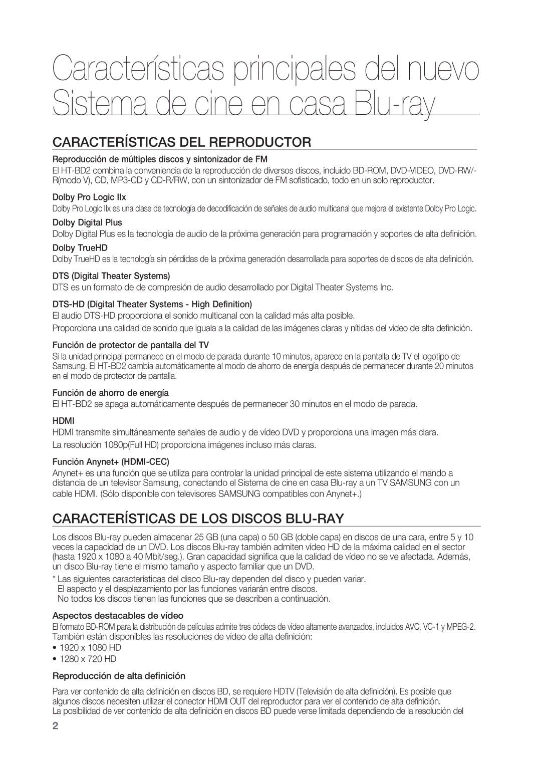 Samsung HT-BD2R/XEO, HT-BD2R/XET manual Características DEL Reproductor, Características DE LOS Discos BLU-RAY, Hdmi 