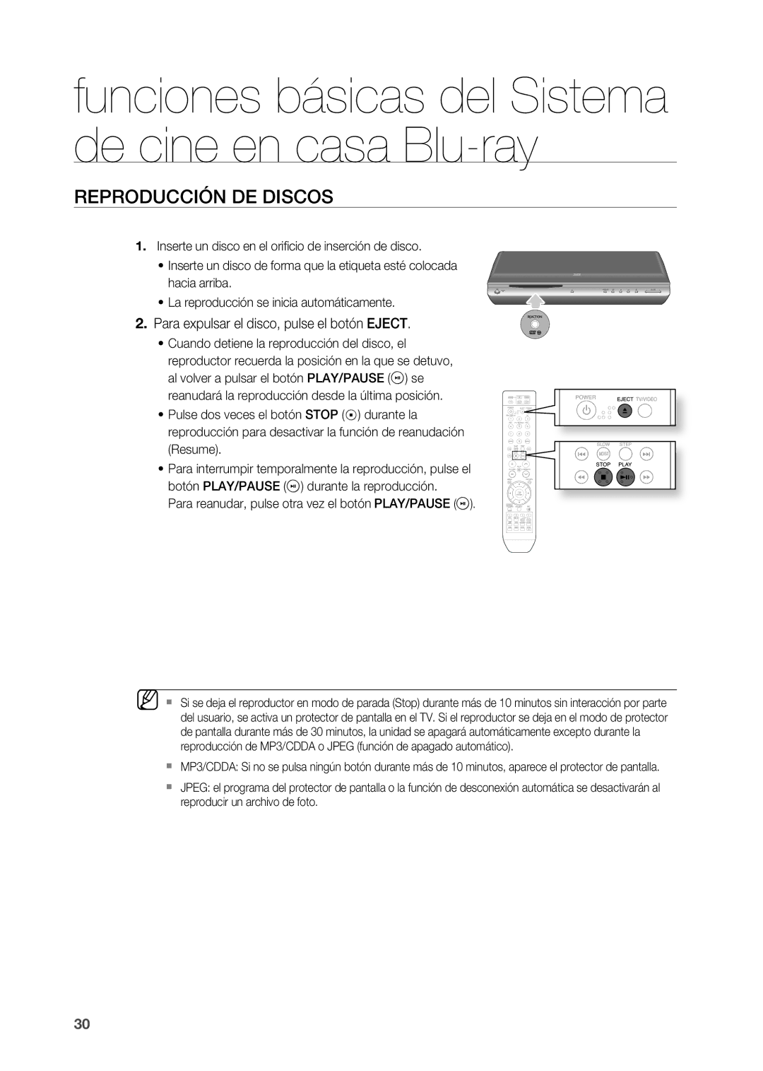 Samsung HT-BD2R/XEO, HT-BD2R/XET manual REPRODUCCIÓn DE Discos, . Para expulsar el disco, pulse el botón Eject 