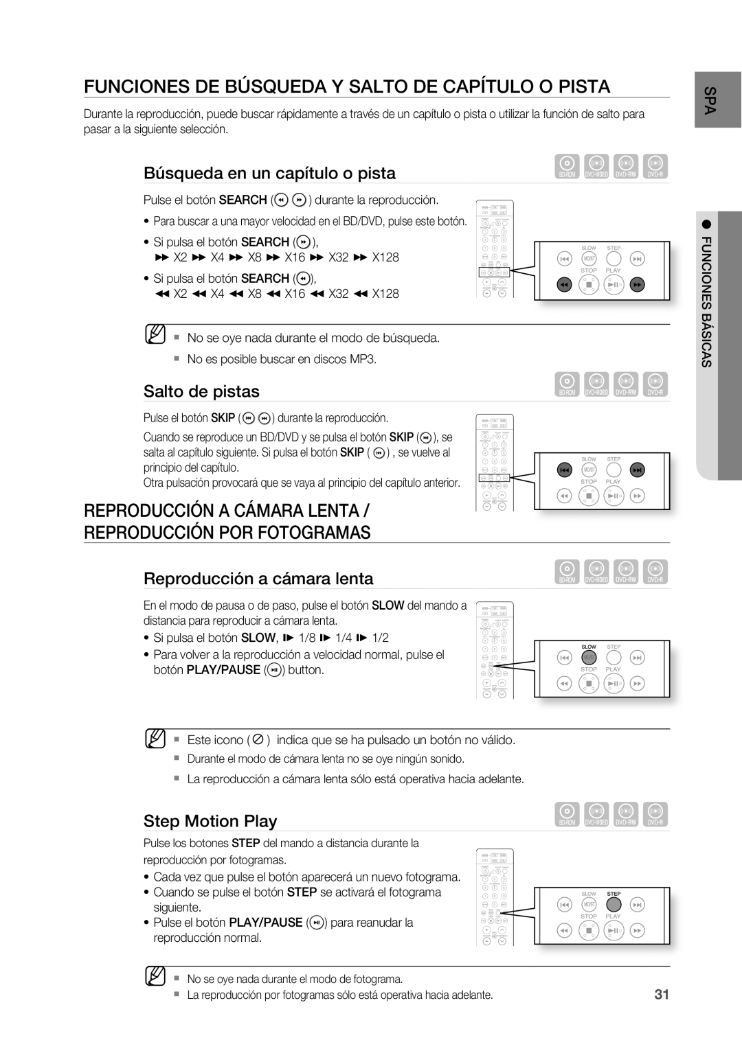 Samsung HT-BD2R/XET, HT-BD2R/XEO manual FUnCIOnES DE BúSQUEDA Y Salto DE Capítulo O Pista 