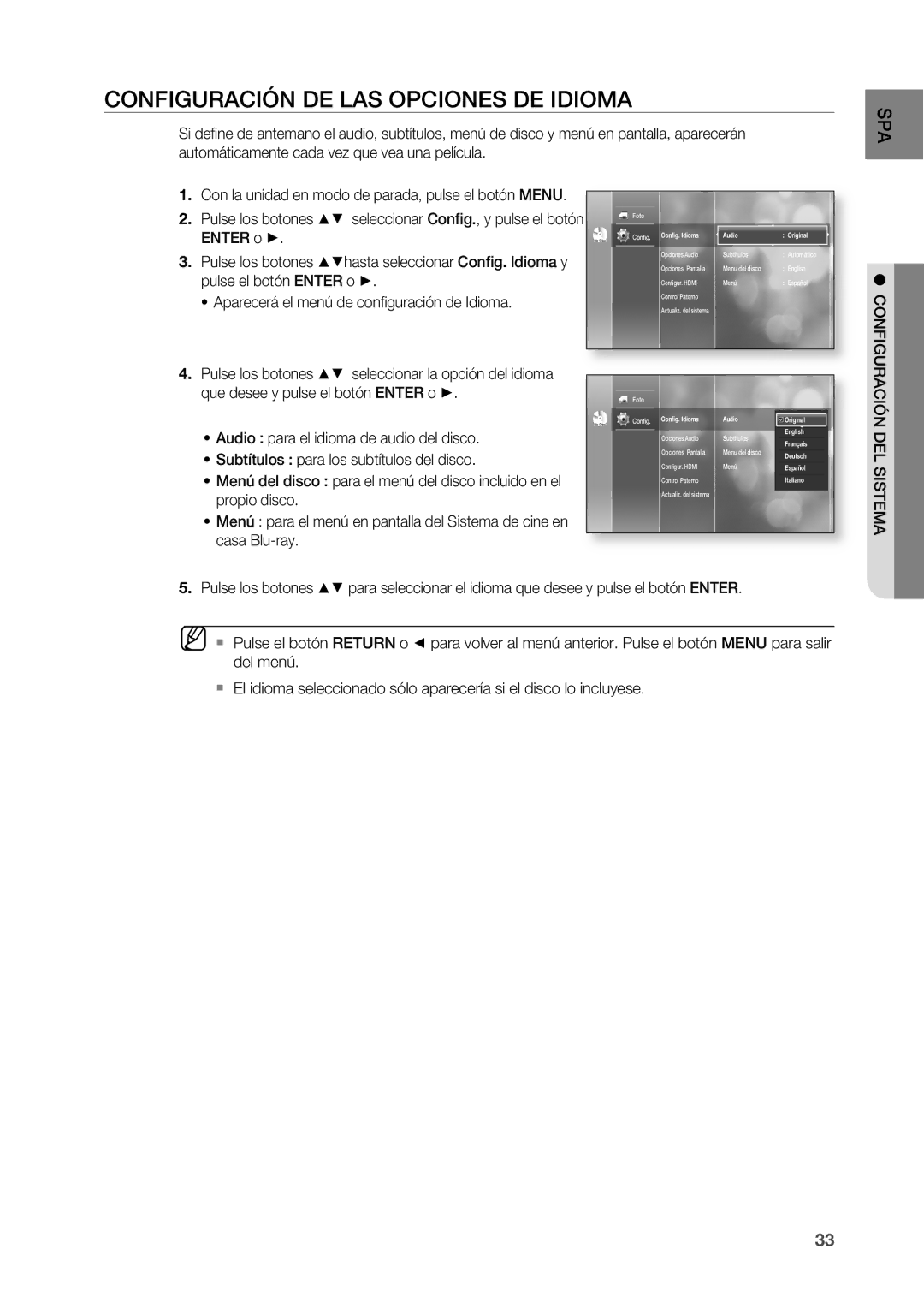 Samsung HT-BD2R/XET, HT-BD2R/XEO manual COnFIGURACIÓn DE LAS OPCIOnES DE Idioma, DEL Sistema 