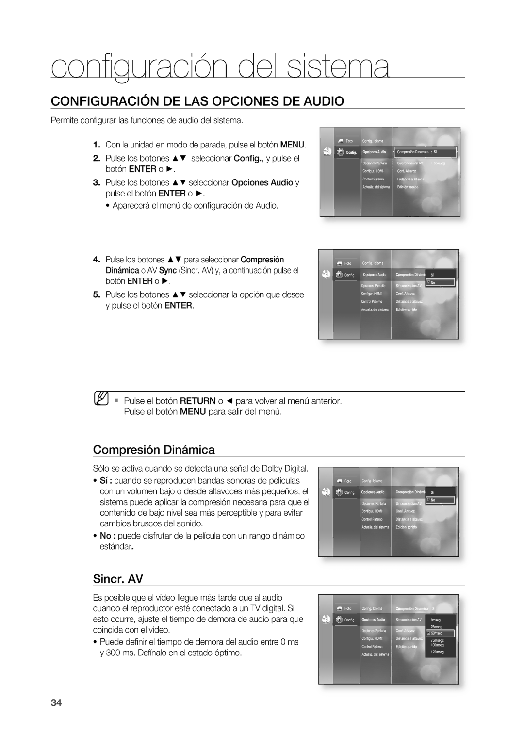 Samsung HT-BD2R/XEO, HT-BD2R/XET manual Confi guración del sistema, COnFIGURACIÓn DE LAS OPCIOnES DE Audio, Sincr. AV 