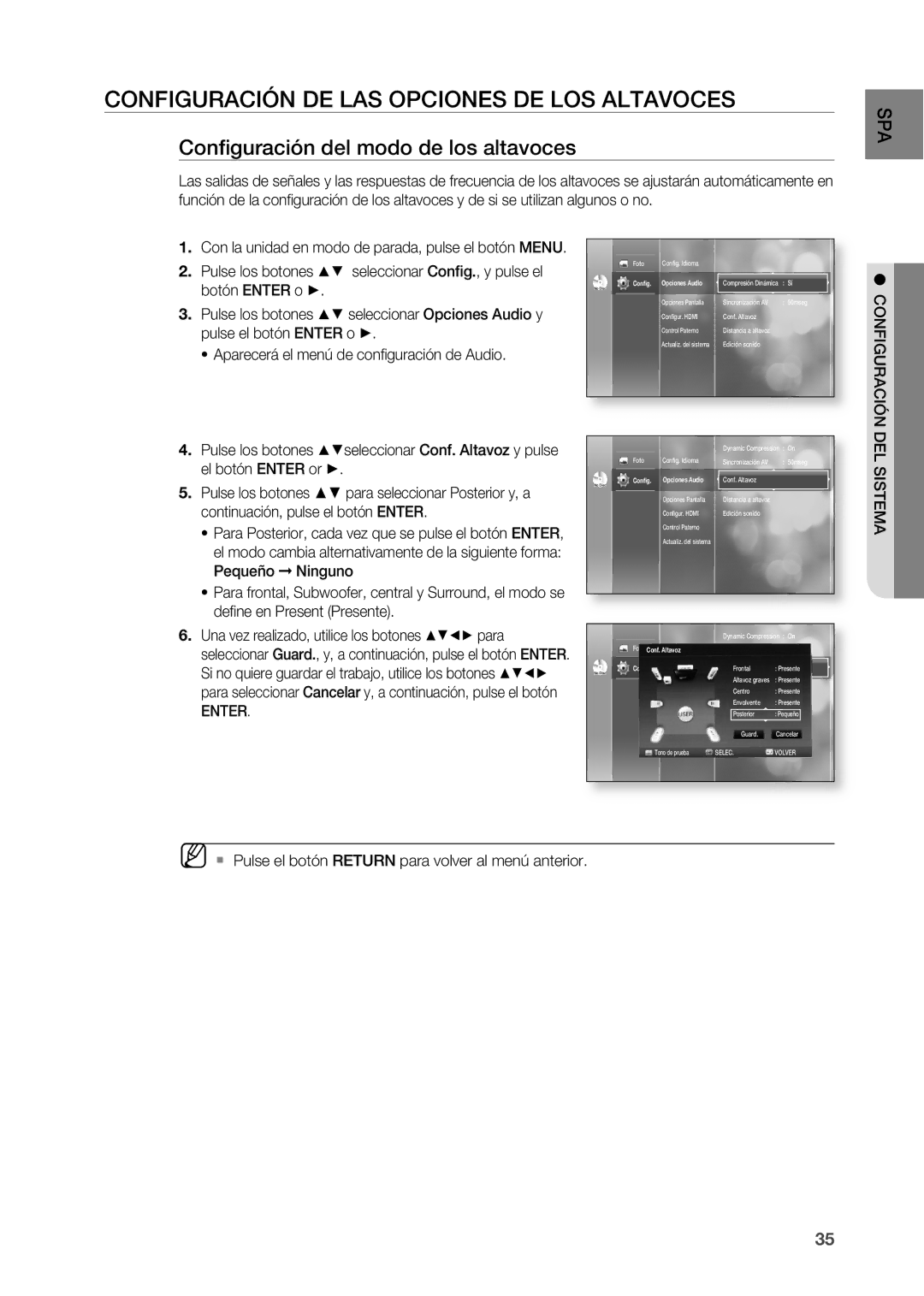 Samsung HT-BD2R/XET COnFIGURACIÓn DE LAS OPCIOnES DE LOS Altavoces, Configuración del modo de los altavoces, Conf. Altavoz 