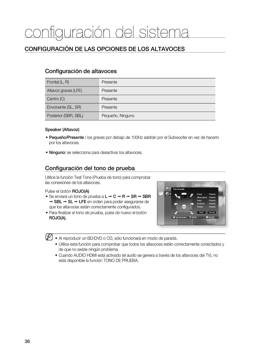 Samsung HT-BD2R/XEO Las conexiones de los altavoces, Pulse el botón Rojoa, Se enviará un tono de prueba a L C R SR SBR 