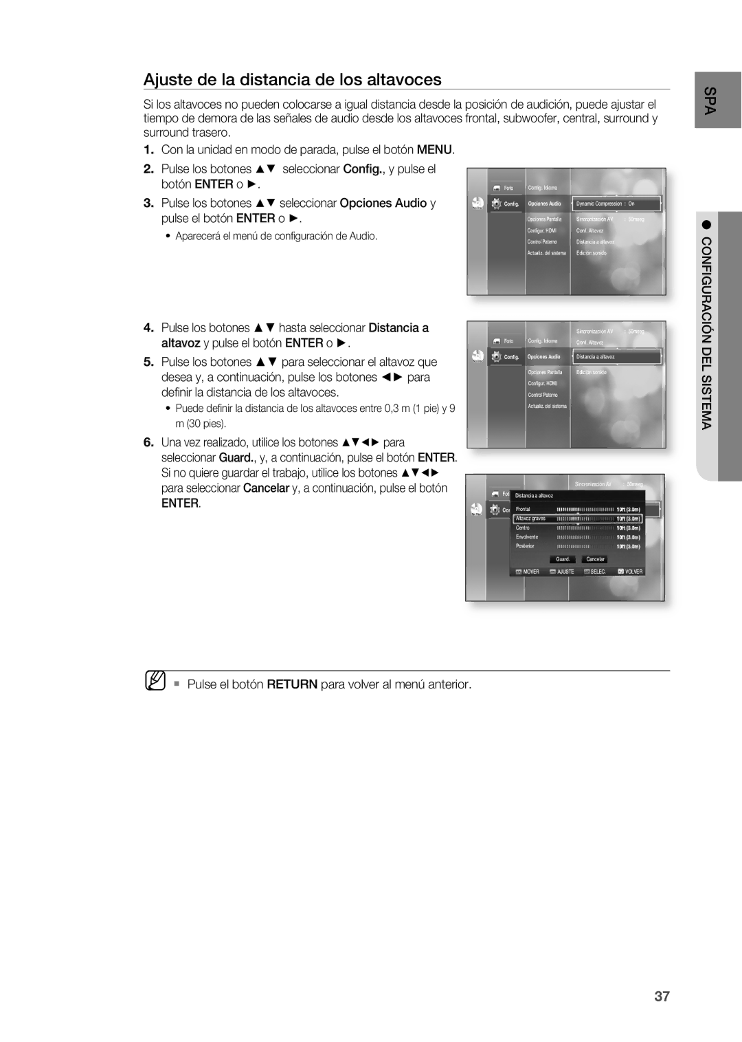 Samsung HT-BD2R/XET manual Ajuste de la distancia de los altavoces, Pulse los botones $% seleccionar Opciones Audio y 