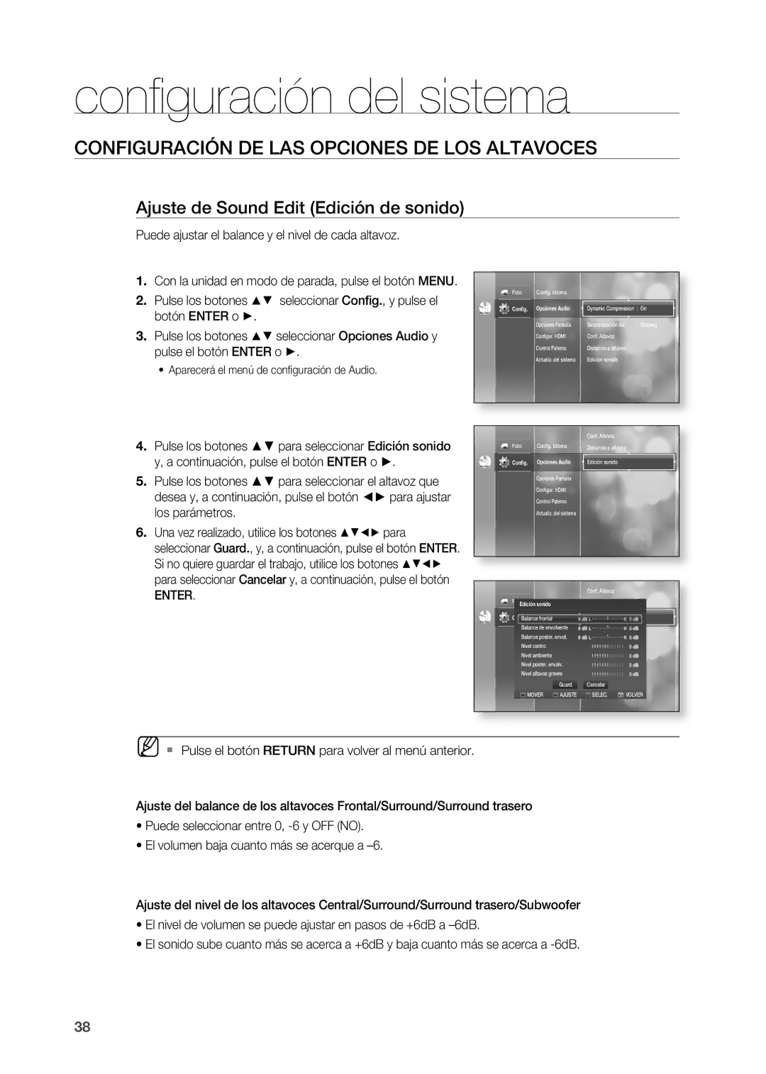 Samsung HT-BD2R/XEO manual Ajuste de Sound Edit Edición de sonido, Puede ajustar el balance y el nivel de cada altavoz 