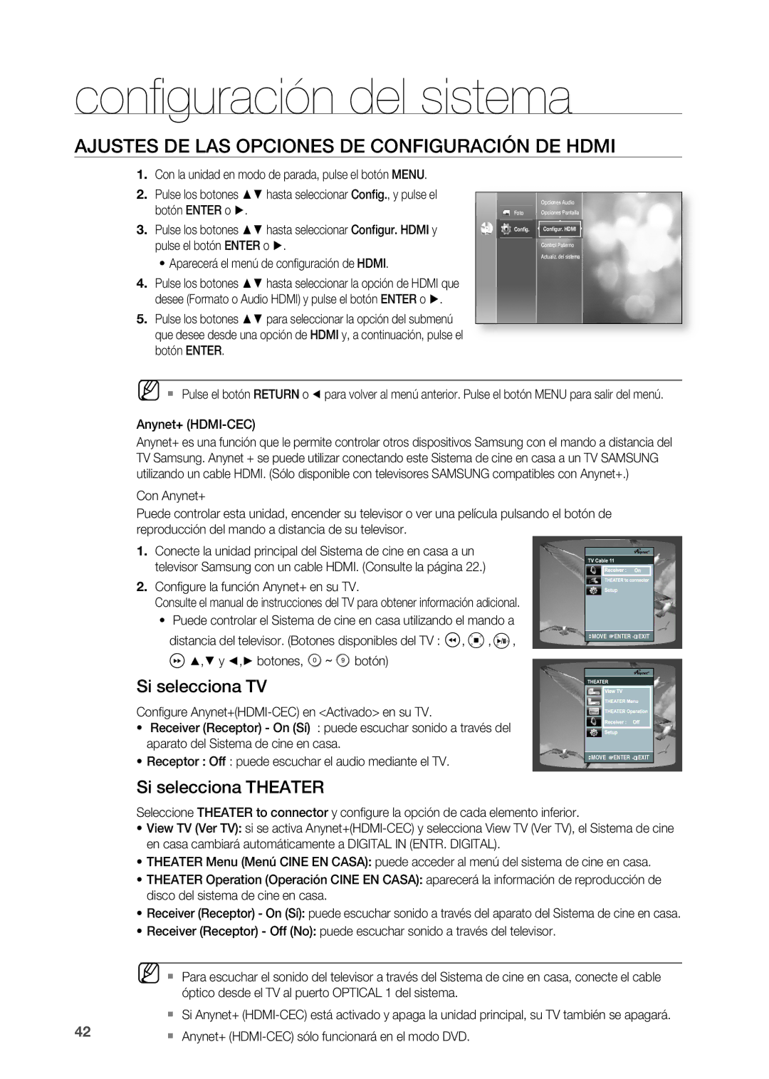 Samsung HT-BD2R/XEO, HT-BD2R/XET Ajustes DE LAS OPCIOnES DE COnFIGURACIÓn DE Hdmi, Si selecciona TV, Si selecciona Theater 