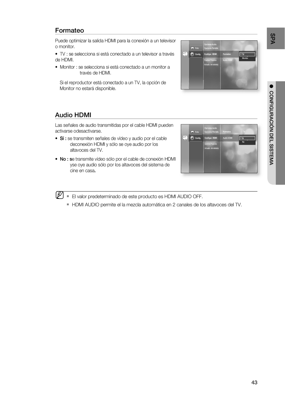 Samsung HT-BD2R/XET, HT-BD2R/XEO manual Formateo, Audio Hdmi 