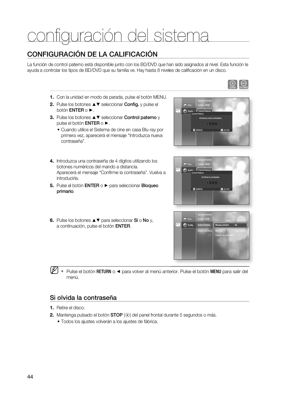 Samsung HT-BD2R/XEO COnFIGURACIÓn DE LA CALIFICACIÓn, Si olvida la contraseña, Control Paterno, Bloqueo primario Conﬁg 