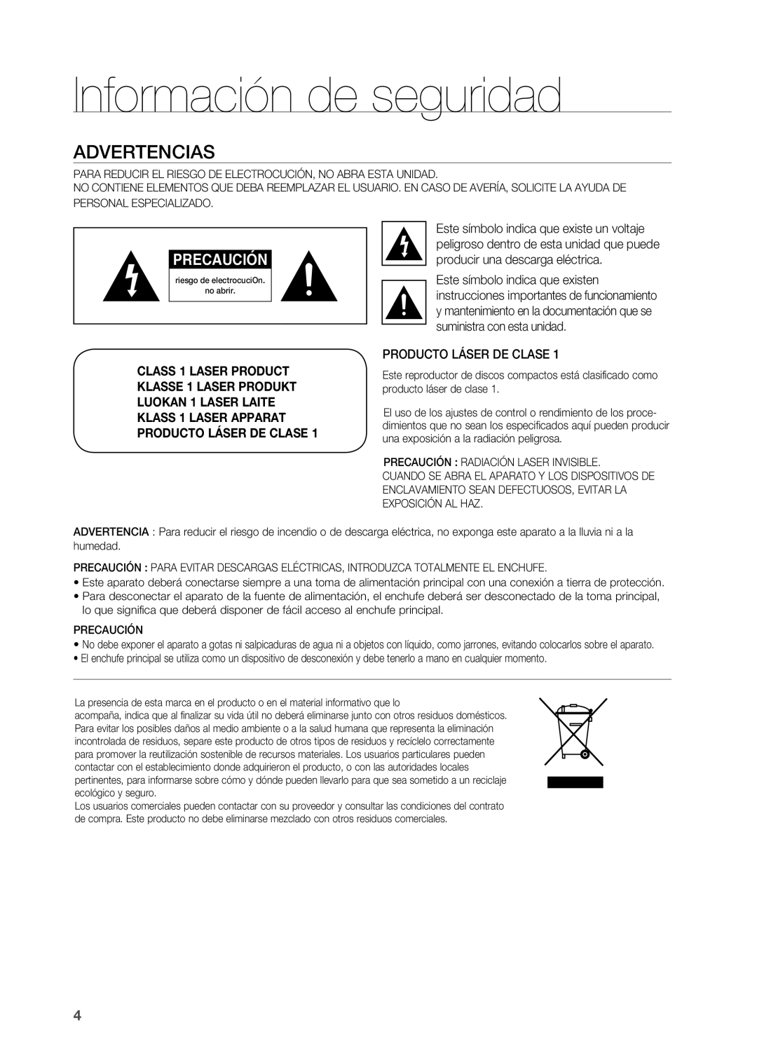 Samsung HT-BD2R/XEO, HT-BD2R/XET manual Información de seguridad, Advertencias, Producto Láser DE Clase 