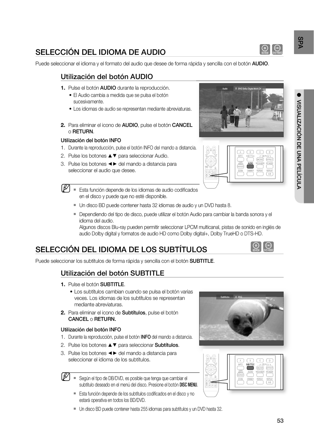 Samsung HT-BD2R/XET SELECCIÓn DEL Idioma DE Audio, SELECCIÓn DEL Idioma DE LOS Subtítulos, Utilización del botón Audio 