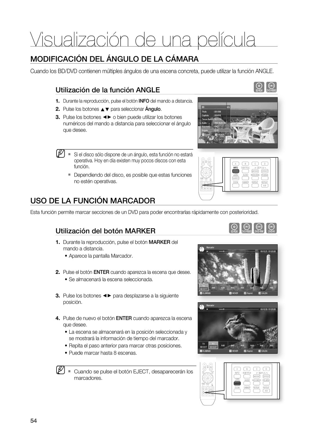 Samsung HT-BD2R/XEO MODIFICACIÓn DEL ÁnGULO DE LA Cámara, USO DE LA FUnCIÓn Marcador, Utilización de la función AnGLE 