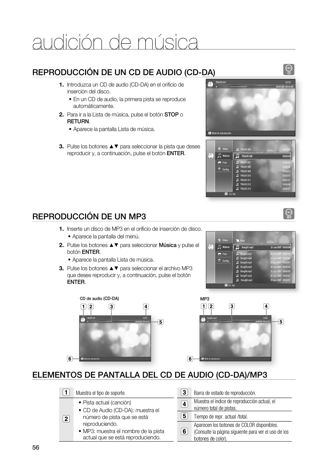 Samsung HT-BD2R/XEO, HT-BD2R/XET manual Audición de música, REPRODUCCIÓn DE Un CD DE Audio CD-DA, REPRODUCCIÓn DE Un MP3 