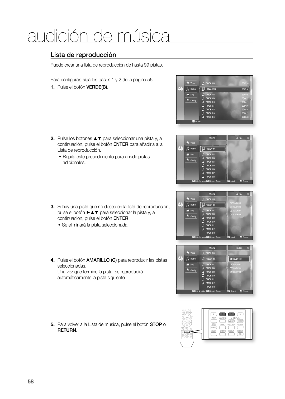 Samsung HT-BD2R/XEO, HT-BD2R/XET Lista de reproducción, Adicionales, Pulse el botón +$% para seleccionar la pista y, a 