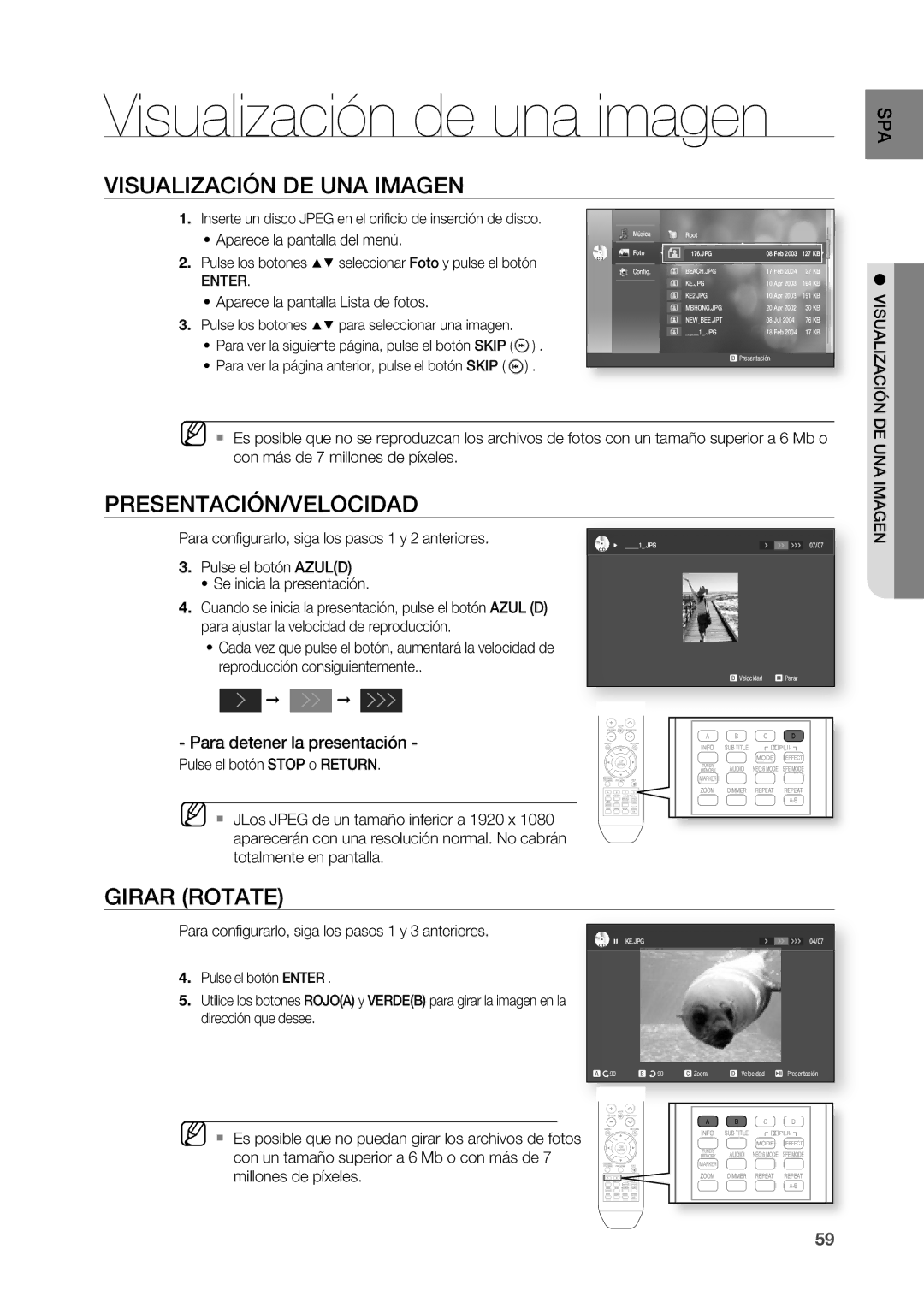 Samsung HT-BD2R/XET manual Visualización de una imagen, VISUALIZACIÓn DE UnA IMAGEn, PRESEnTACIÓn/VELOCIDAD, Girar Rotate 