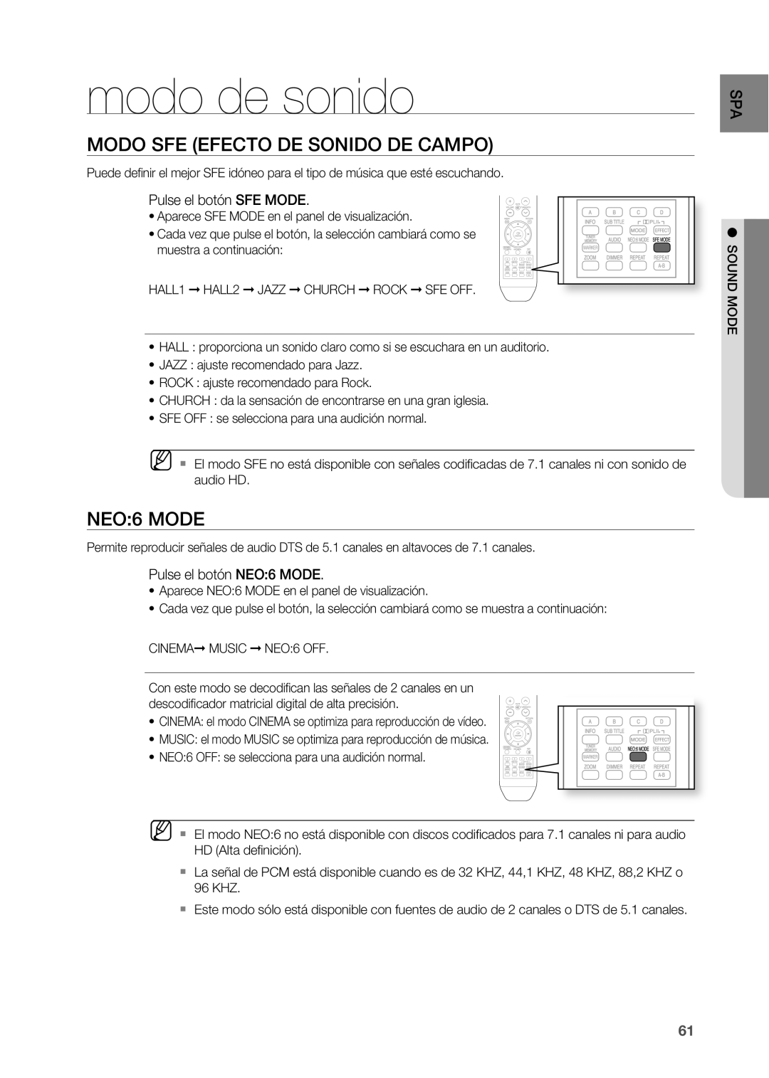 Samsung HT-BD2R/XET, HT-BD2R/XEO Modo de sonido, Modo SFE Efecto DE SOnIDO DE Campo, NEO6 Mode, Pulse el botón SFE Mode 