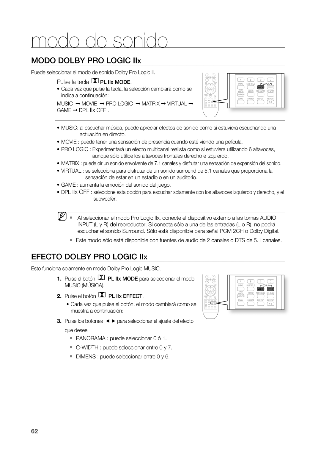 Samsung HT-BD2R/XEO, HT-BD2R/XET manual Modo Dolby PRO Logic, Efecto Dolby PRO Logic, Pulse la tecla PL IIx Mode 