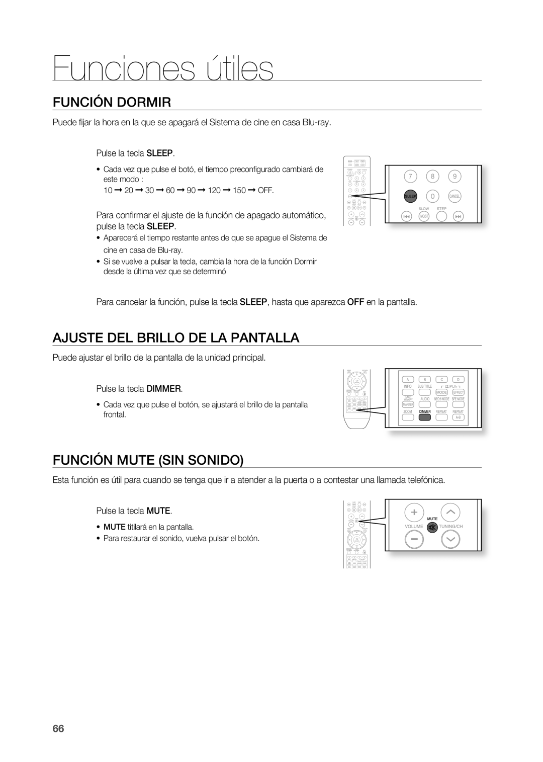 Samsung HT-BD2R/XEO manual Funciones útiles, FUnCIÓn Dormir, Ajuste DEL Brillo DE LA PAnTALLA, FUnCIÓn Mute SIn SOnIDO 