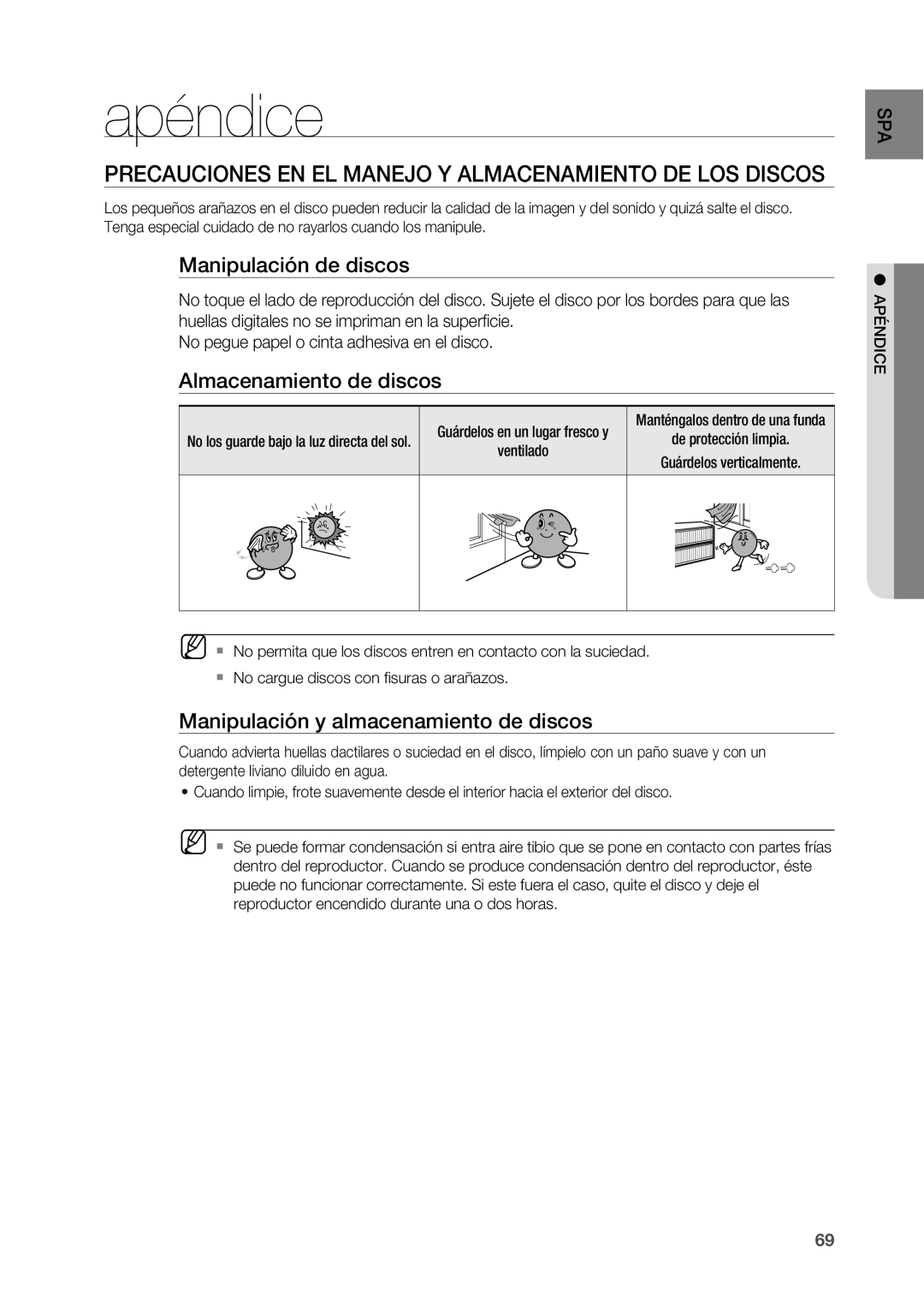 Samsung HT-BD2R/XET manual Apéndice, Precauciones en el manejo y almacenamiento de los discos, Manipulación de discos 