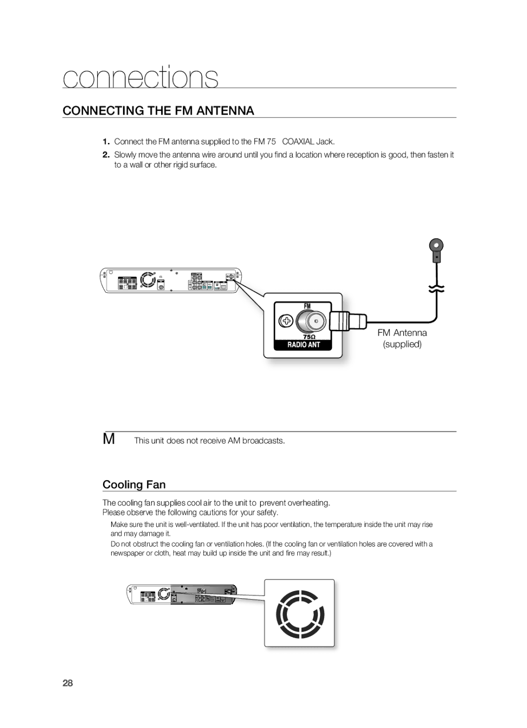 Samsung HT-BD2S Connecting the FM Antenna, Cooling Fan, FM Antenna Supplied,  This unit does not receive AM broadcasts 