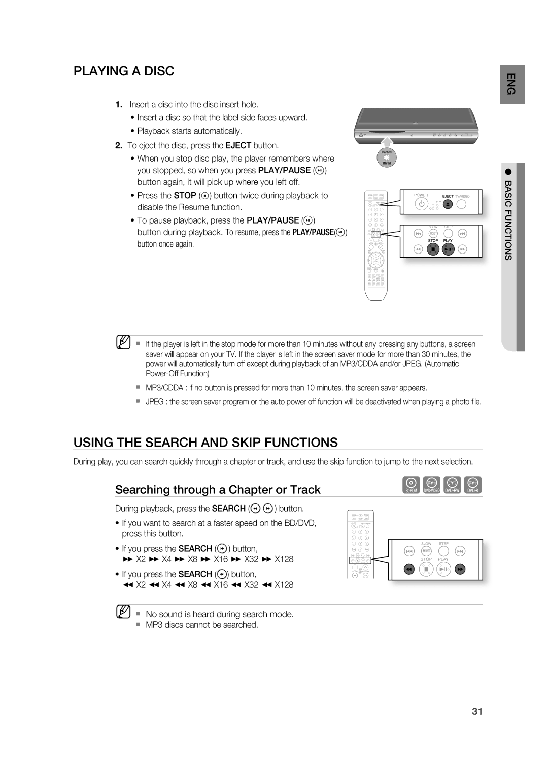 Samsung HT-BD2S manual PLAYIng a Disc, USIng the Search AnD Skip FUnCTIOnS, Searching through a Chapter or Track 