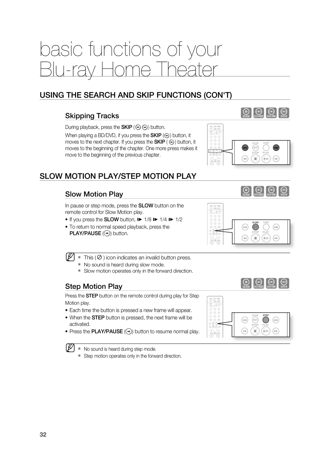 Samsung HT-BD2S manual Slow MOTIOn PLAY/STEP MOTIOn Play, Skipping Tracks, Slow Motion Play, Step Motion Play 