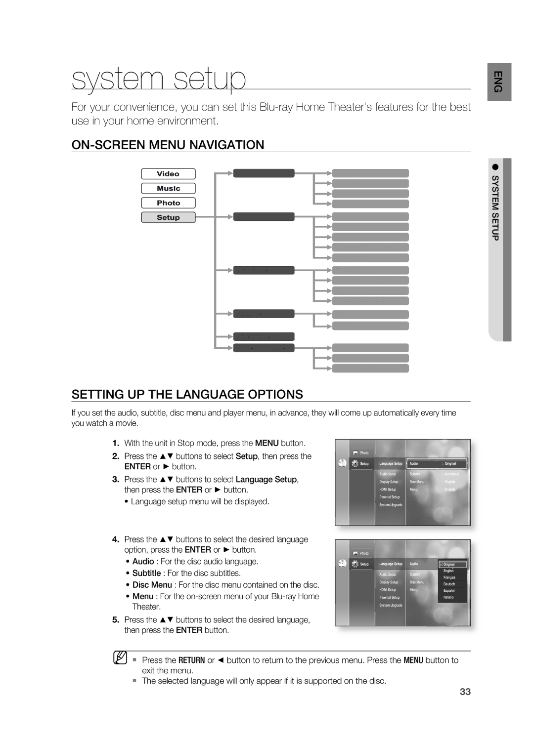 Samsung HT-BD2S manual System setup, On-SCREEn MEnU nAVIgATIOn SETTIng UP the LAngUAgE OPTIOnS, System Setup 