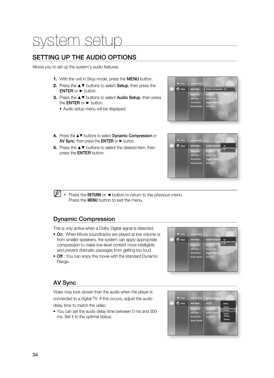 Samsung HT-BD2S manual SETTIng UP the Audio OPTIOnS, Dynamic Compression, AV Sync 