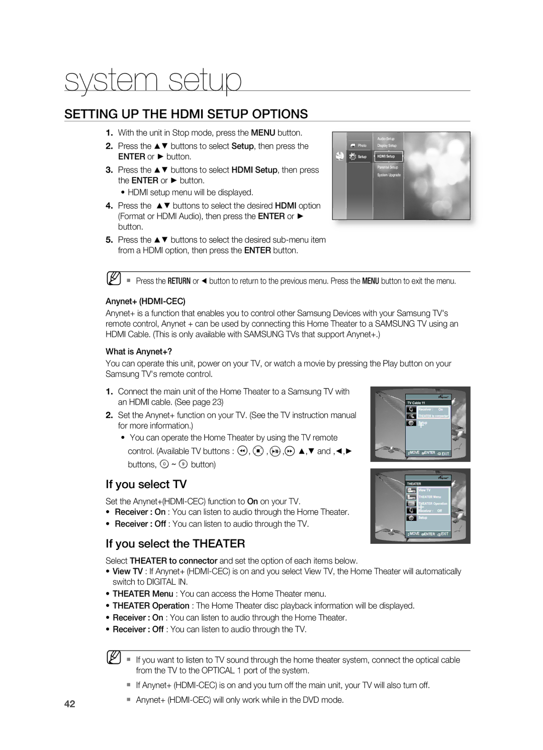 Samsung HT-BD2S manual SETTIng UP the Hdmi Setup OPTIOnS, If you select TV, If you select the Theater 