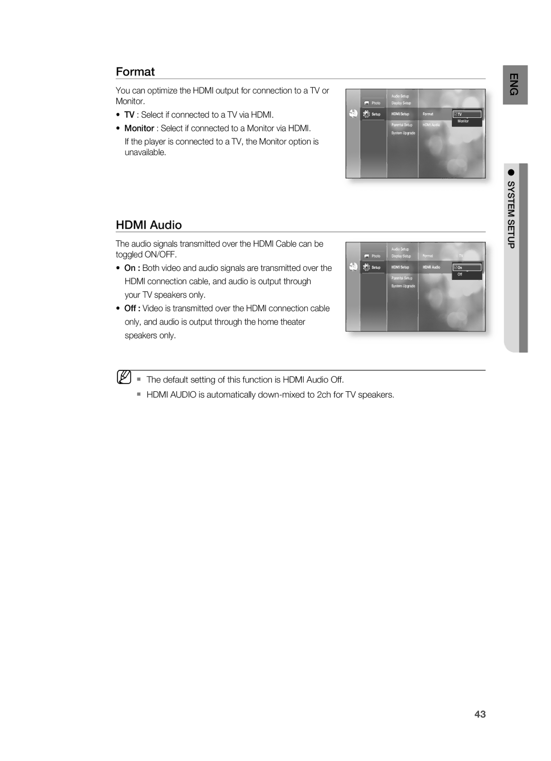 Samsung HT-BD2S manual TV Select if connected to a TV via Hdmi, Monitor Select if connected to a Monitor via Hdmi 