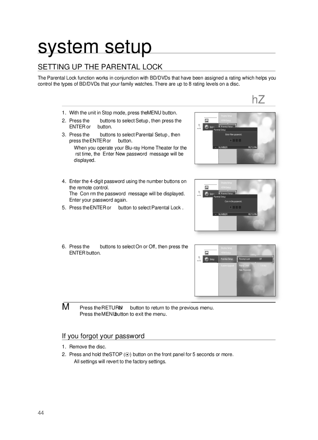 Samsung HT-BD2S manual SETTIng UP the PAREnTAL Lock, If you forgot your password 