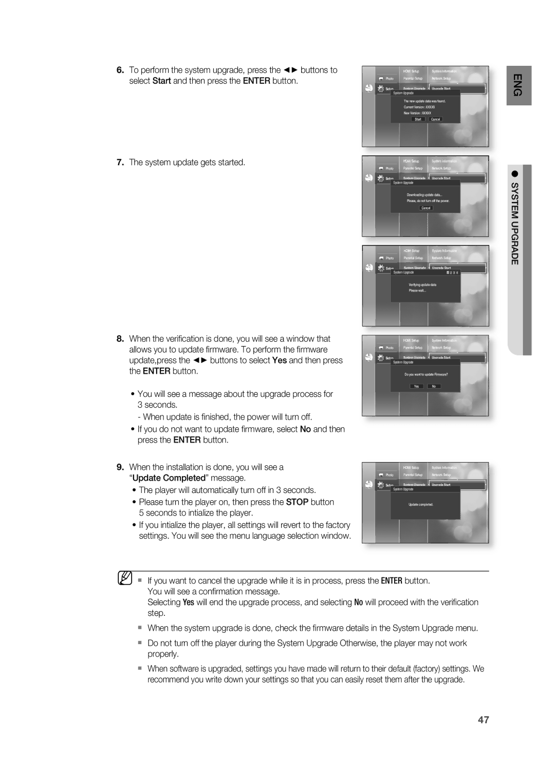 Samsung HT-BD2S manual To perform the system upgrade, press the + buttons to, Select Start and then press the EnTER button 