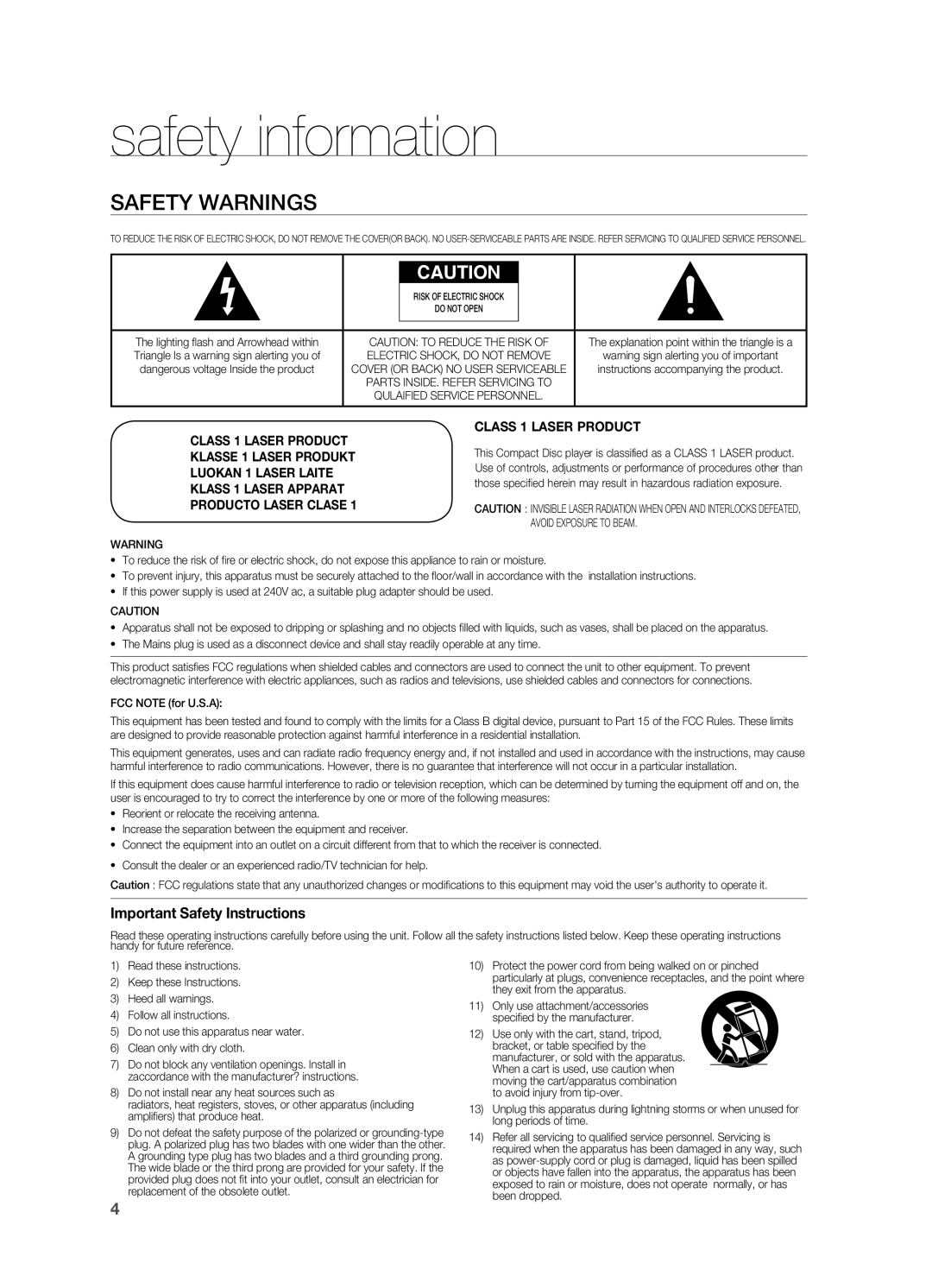 Samsung HT-BD2S manual Safety information, Safety Warnings 