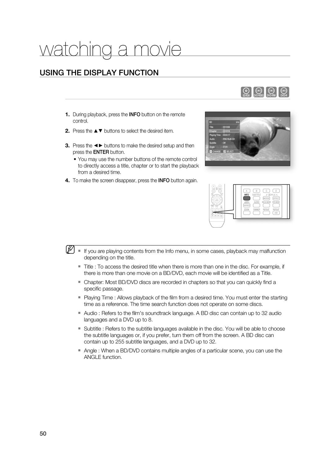 Samsung HT-BD2S manual Watching a movie, USIng the Display FUnCTIOn 