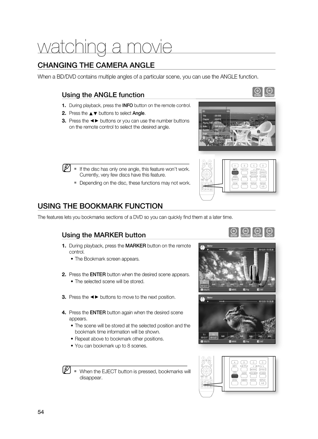 Samsung HT-BD2S CHAngIng the Camera AngLE, USIng the Bookmark FUnCTIOn, Using the AngLE function, Using the Marker button 