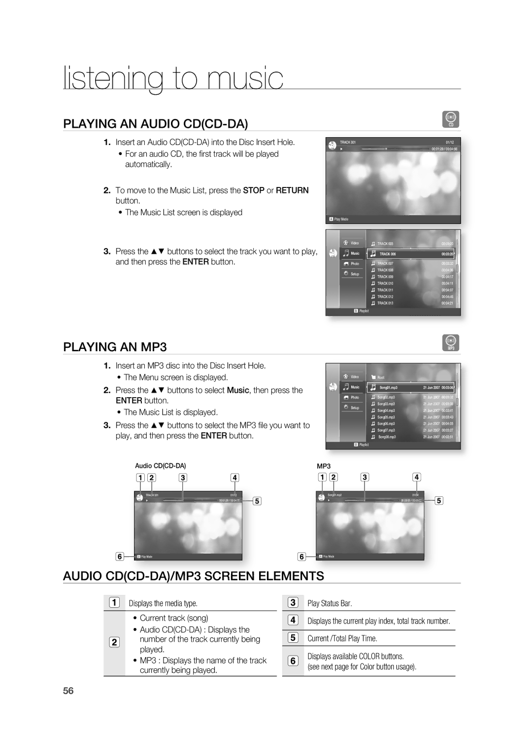 Samsung HT-BD2S manual Listening to music, PLAYIng An Audio CDCD-DA, PLAYIng An MP3, ELEMEnTS 