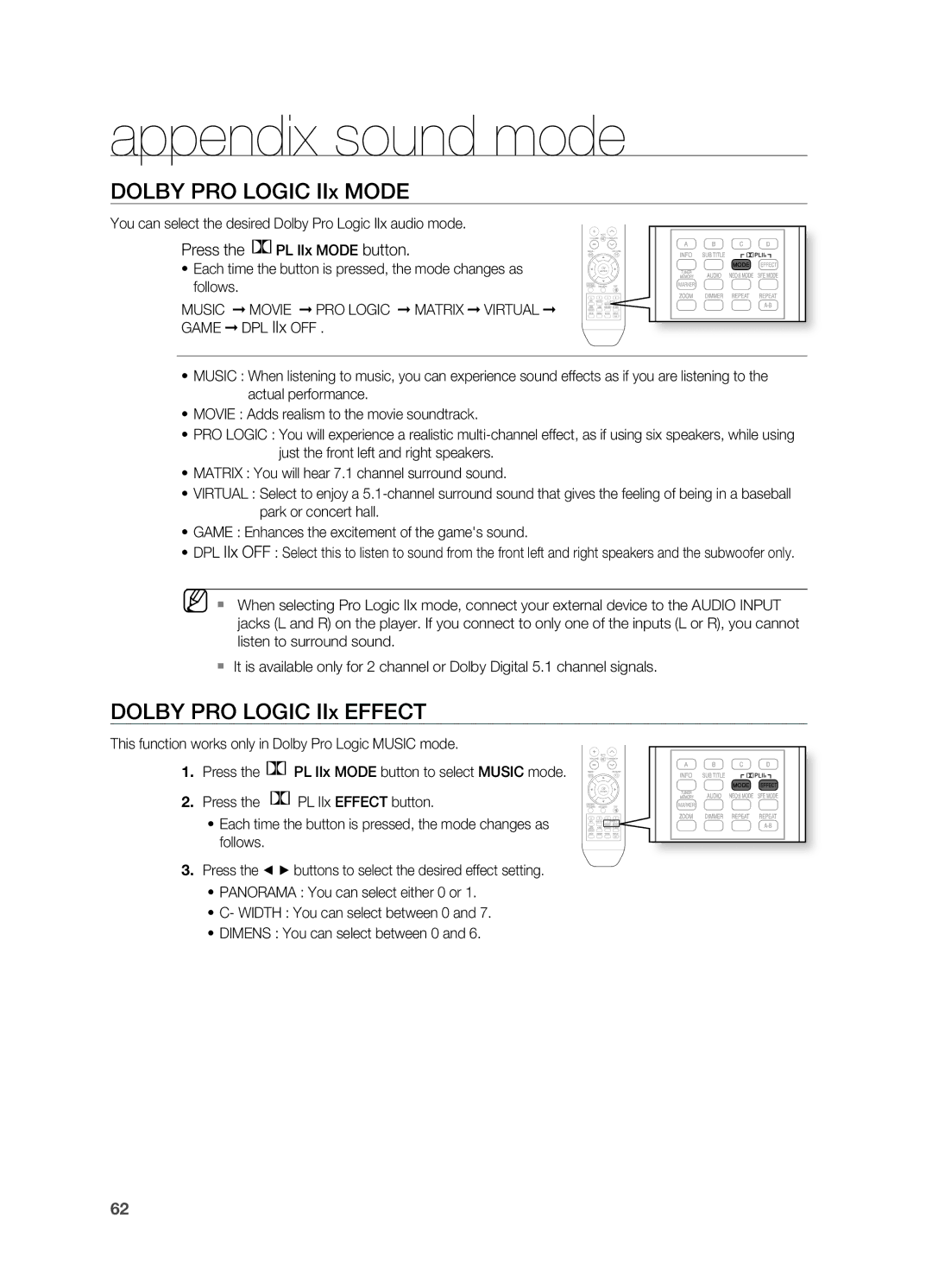 Samsung HT-BD2S Appendix sound mode, Dolby PRO LOgIC IIx Mode, Dolby PRO LOgIC IIx Effect, Press the PL IIx Mode button 