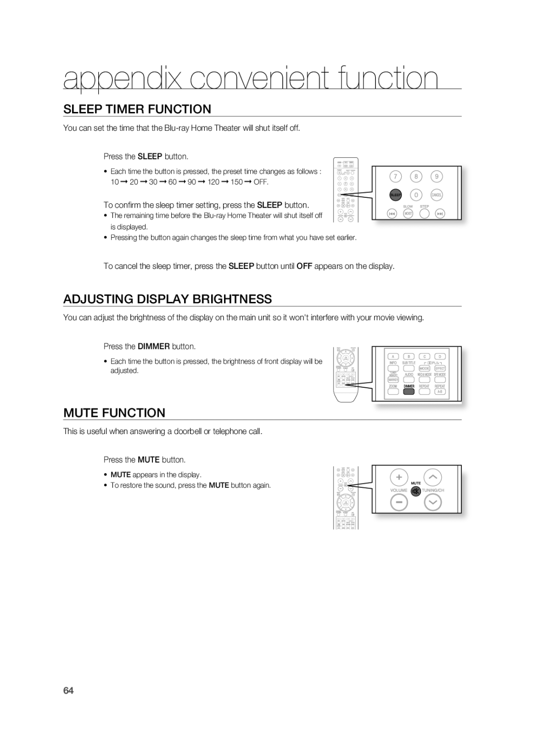 Samsung HT-BD2S manual Appendix convenient function, Sleep Timer FUnCTIOn, ADJUSTIng Display BRIgHTnESS, Mute FUnCTIOn 