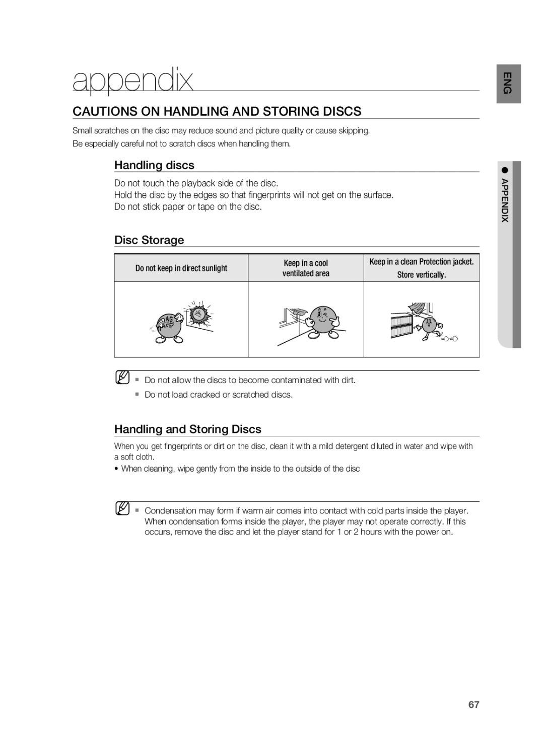 Samsung HT-BD2S manual Appendix, Handling discs, Disc Storage, Handling and Storing Discs 