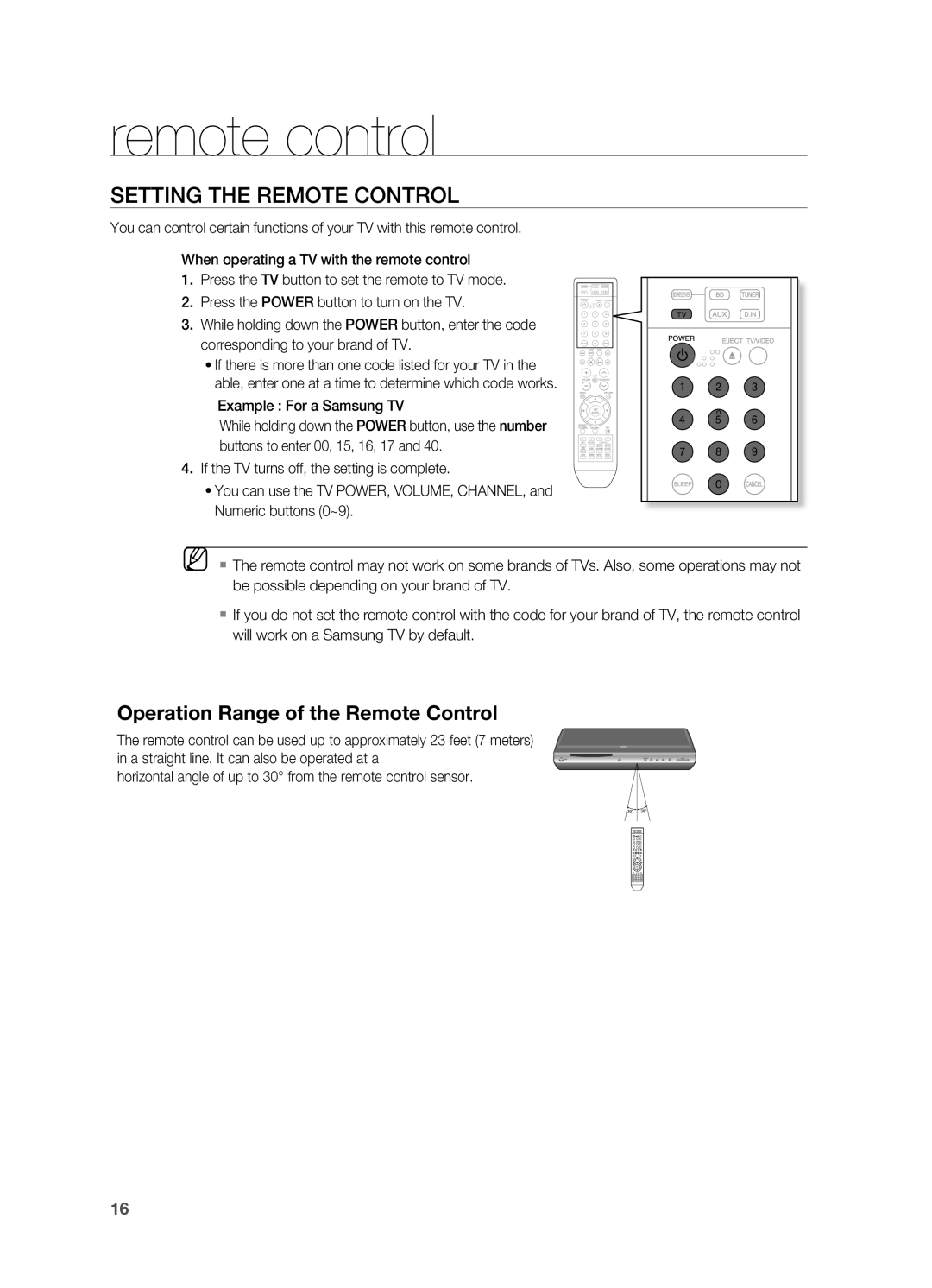 Samsung HT-BD2S manual SETTIng THE REMOTE COnTROL, Operation Range of the Remote Control, remote control 