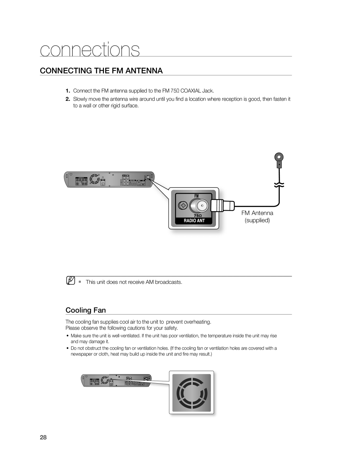 Samsung HT-BD2S manual Connecting the FM Antenna, Cooling Fan, connections 
