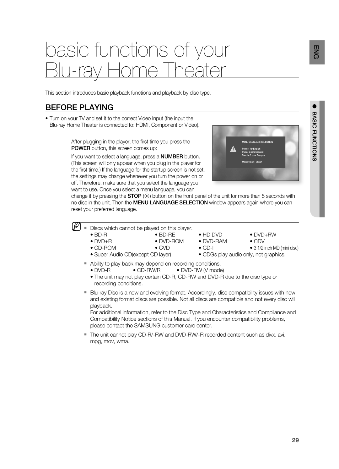 Samsung HT-BD2S manual basic functions of your Blu-rayHome Theater, BEFORE PLAYIng 