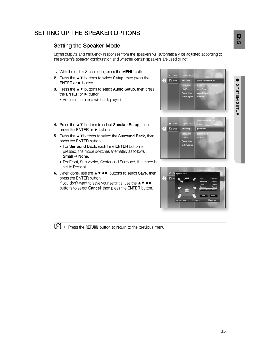 Samsung HT-BD2S manual SETTIng UP THE SPEAKER OPTIOnS, Setting the Speaker Mode 