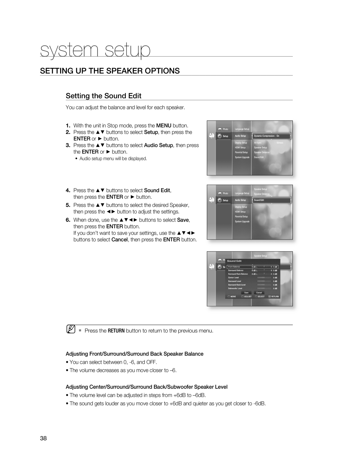 Samsung HT-BD2S manual Setting the Sound Edit, system setup, SETTIng UP THE SPEAKER OPTIOnS 