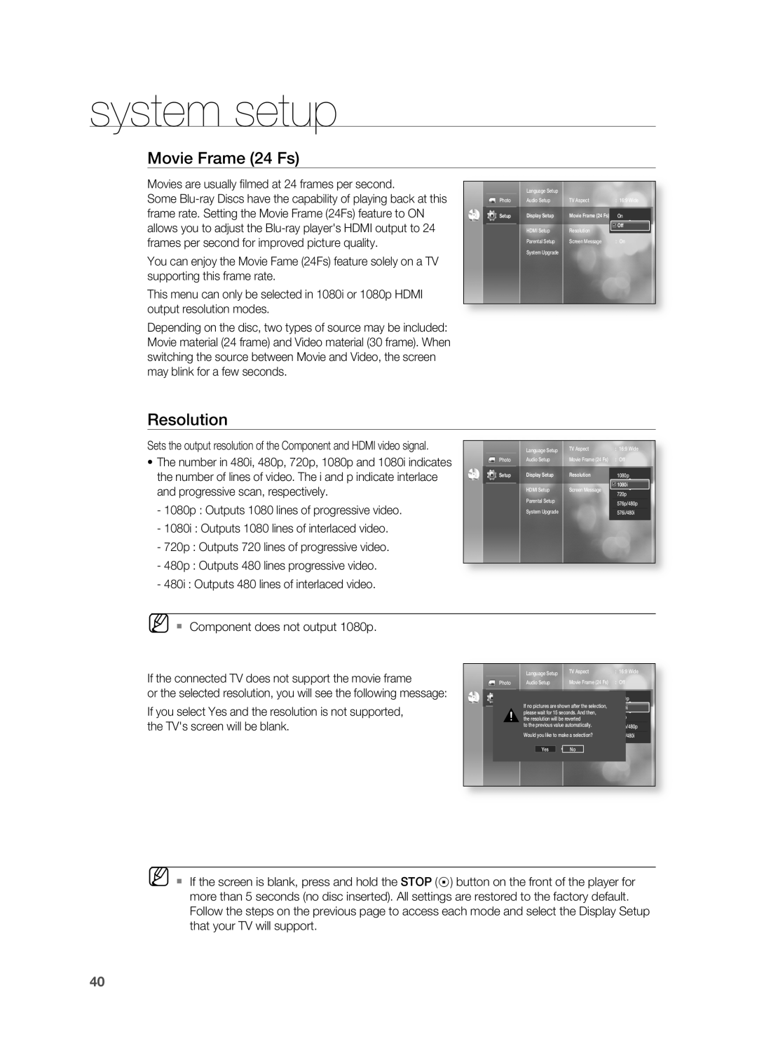 Samsung HT-BD2S manual Movie Frame 24 Fs, Resolution, system setup, frames per second for improved picture quality 