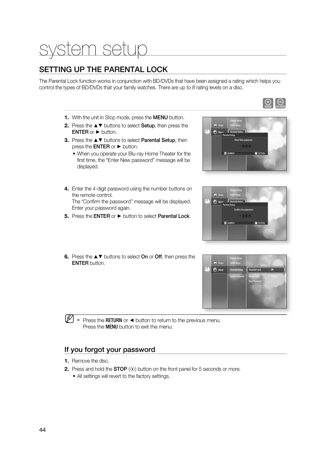 Samsung HT-BD2S manual SETTIng UP THE PAREnTAL LOCK, If you forgot your password, system setup 