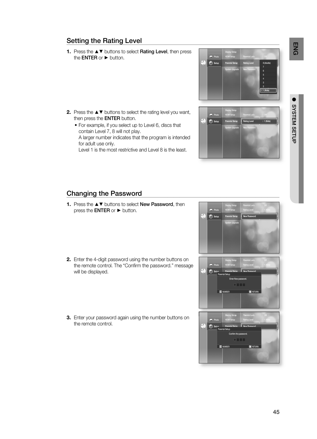 Samsung HT-BD2S manual Setting the Rating Level, Changing the Password, press the EnTER or + button, will be displayed 